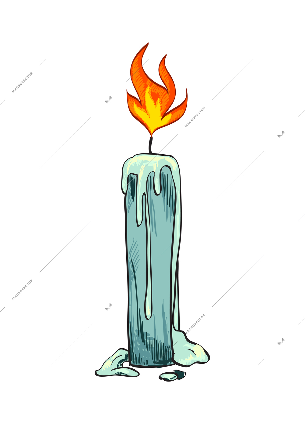 Candle composition with isolated sketch style icon of burning wax flame on blank background vector illustration