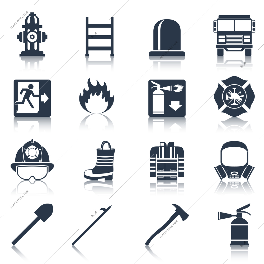 Firefighter black icons set with flame extinguisher emergency siren isolated vector illustration