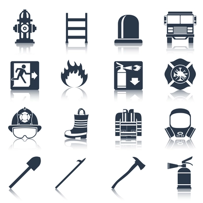 Firefighter black icons set with flame extinguisher emergency siren isolated vector illustration