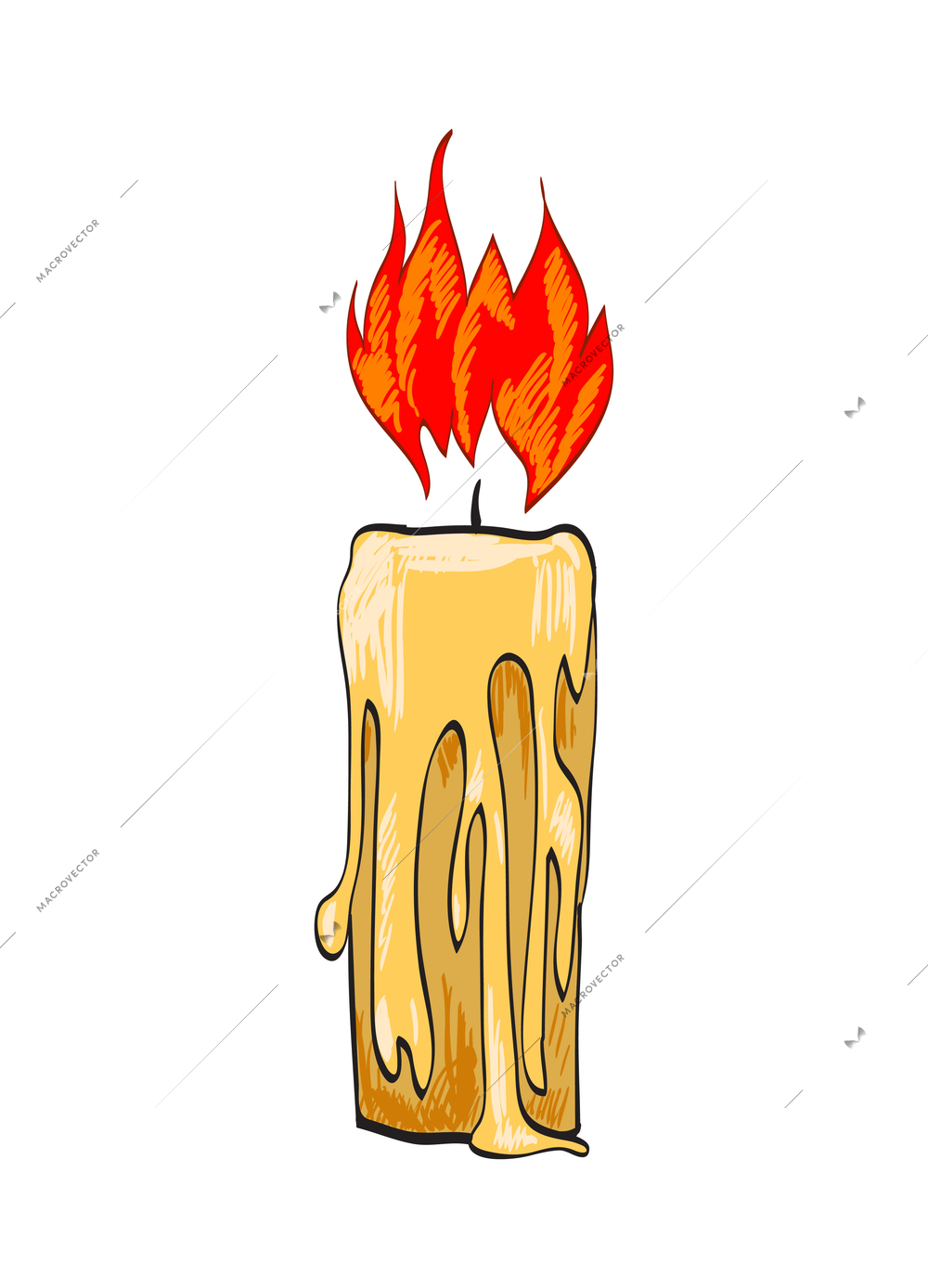 Candle composition with isolated sketch style icon of burning wax flame on blank background vector illustration