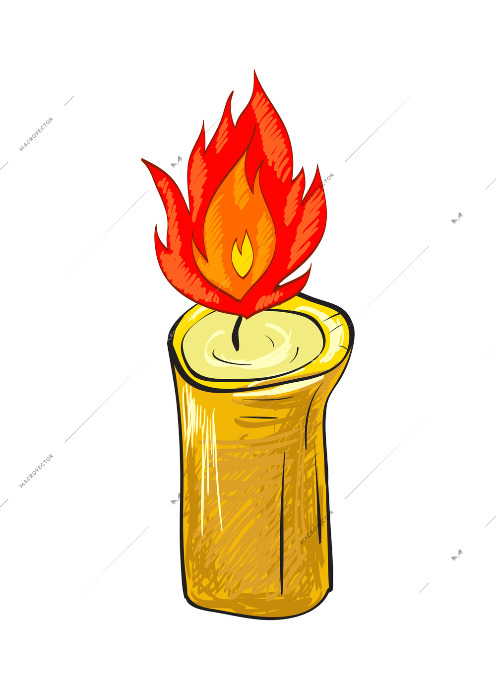 Candle composition with isolated sketch style icon of burning wax flame on blank background vector illustration