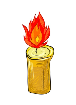 Candle composition with isolated sketch style icon of burning wax flame on blank background vector illustration