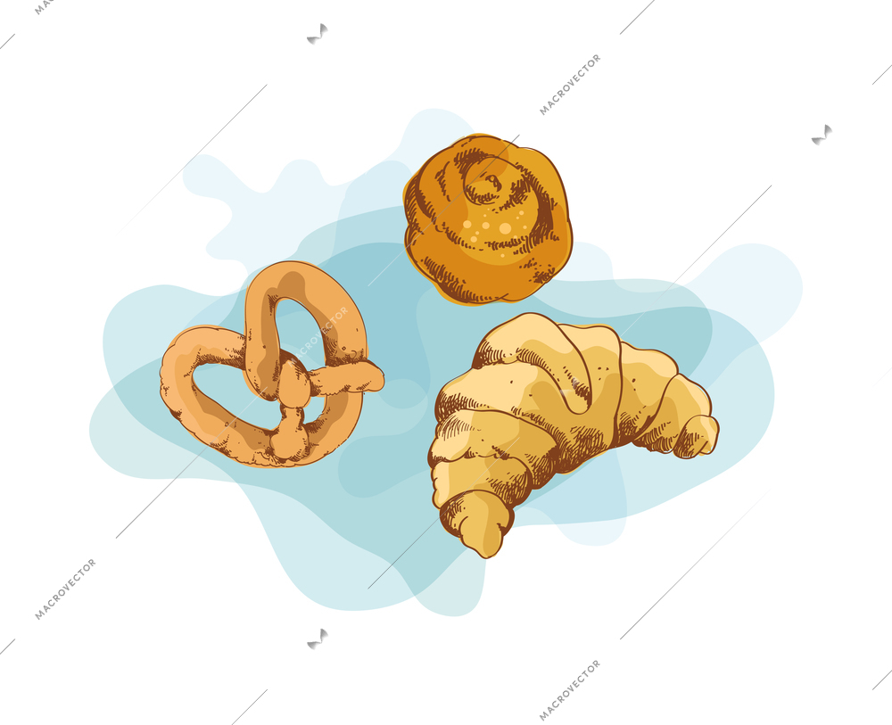 Bakery colored composition with hand drawn style bread and pastry food icon on blank background vector illustration