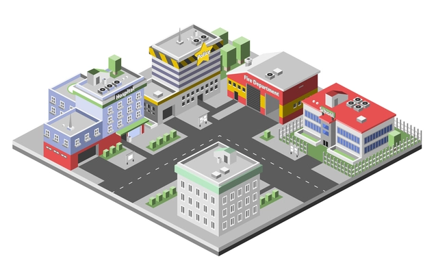 Isometric town concept with government buildings set of hospital police fire station vector illustration