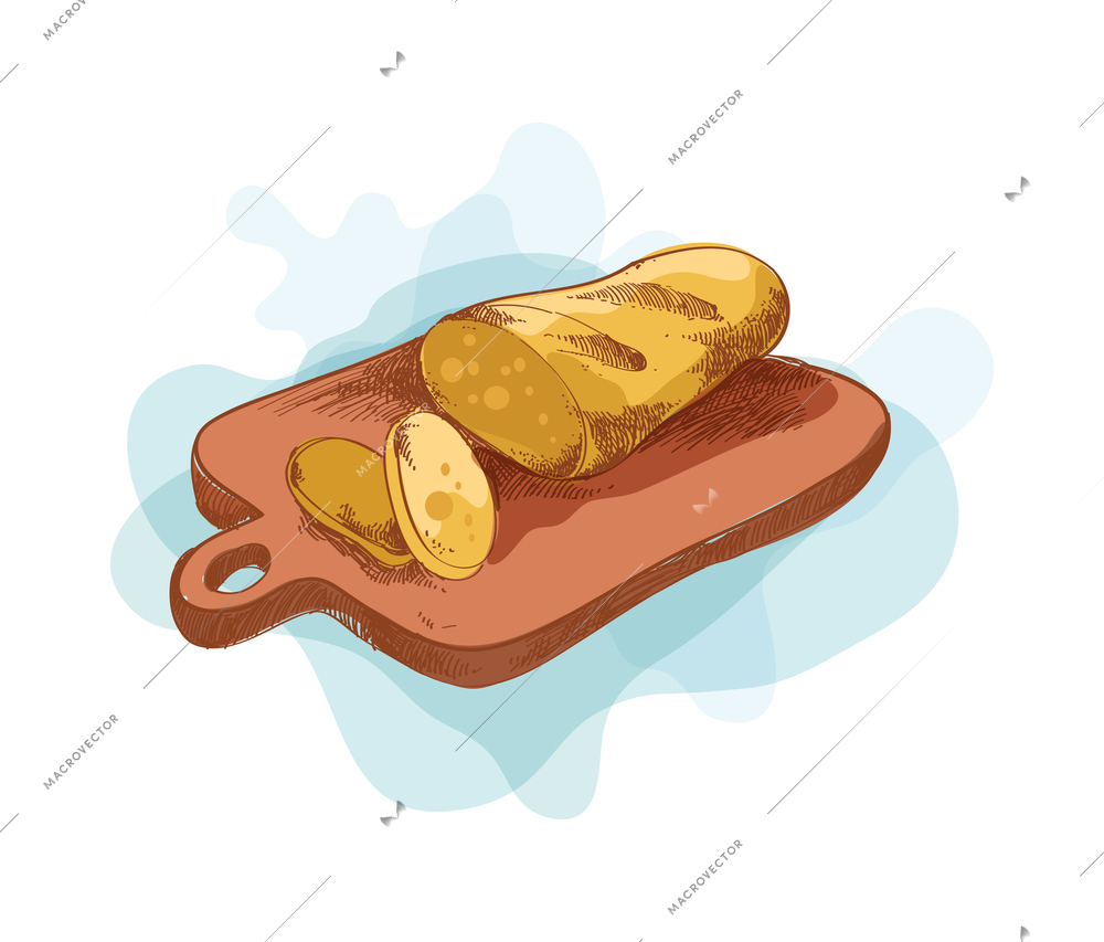 Bakery colored composition with hand drawn style bread and pastry food icon on blank background vector illustration