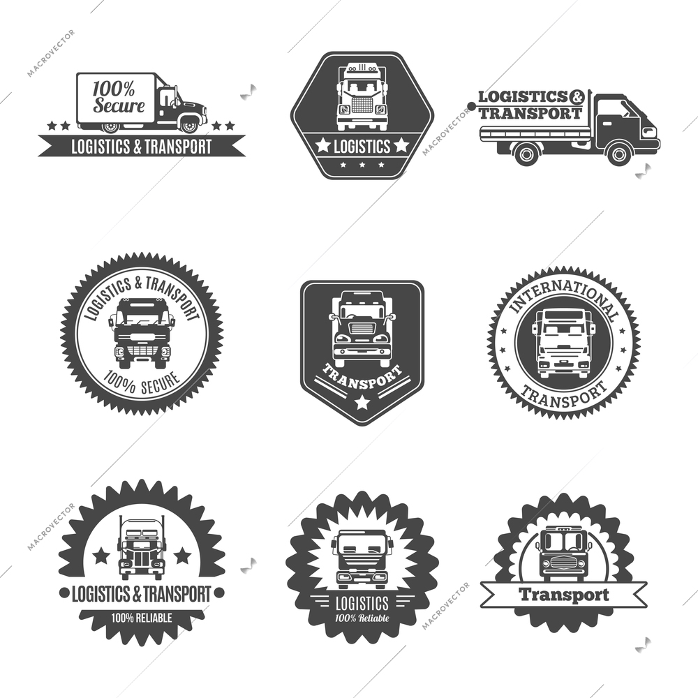 Truck logistics and transport auto transportation label black set isolated vector illustration
