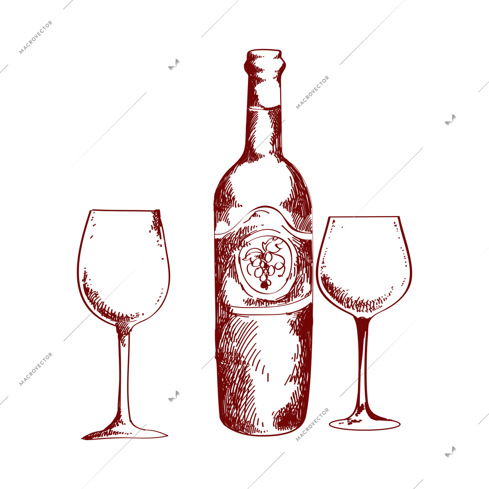 Wine composition with monochrome doodle style image on blank background vector illustration