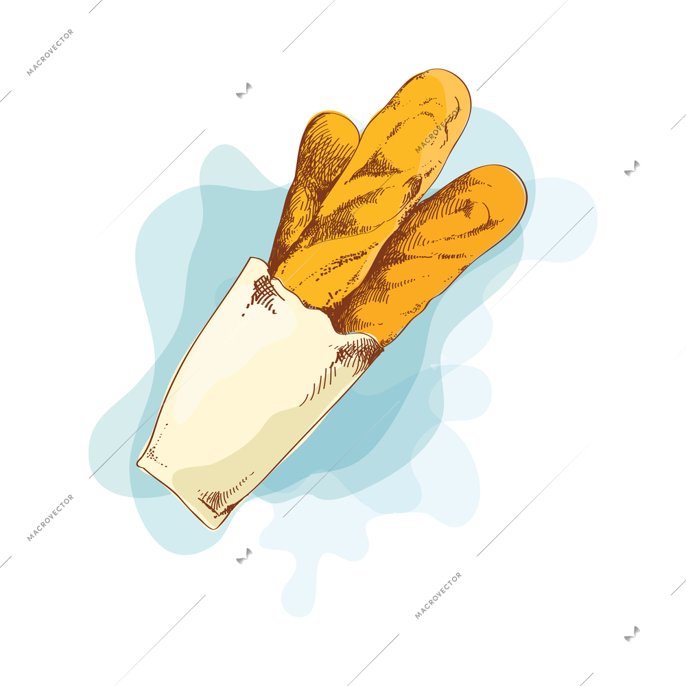 Bakery colored composition with hand drawn style bread and pastry food icon on blank background vector illustration