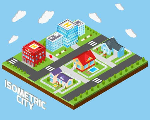 Isometric city concept with private houses and government buildings decorative icons set vector illustration