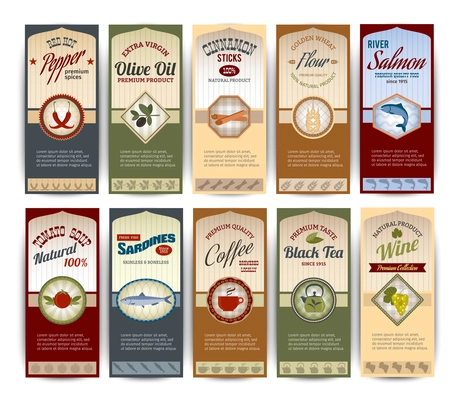 Food retro banners set with pepper olive oil sardines flour salmon isolated vector illustration