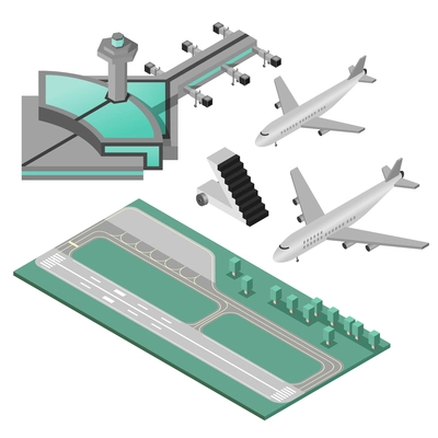 Airport stairway airplane and runway decorative icons 3d isometric set isolated vector illustration