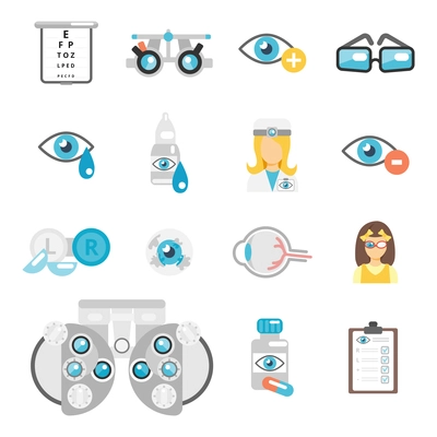 Oculist flat icons set with eye glasses lenses eyeball isolated vector illustration