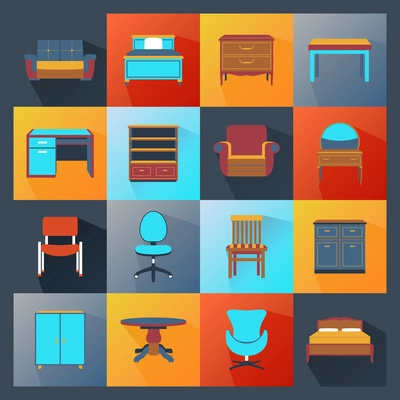 Furniture icons flat set with wardrobe mirror computer table isolated vector illustration