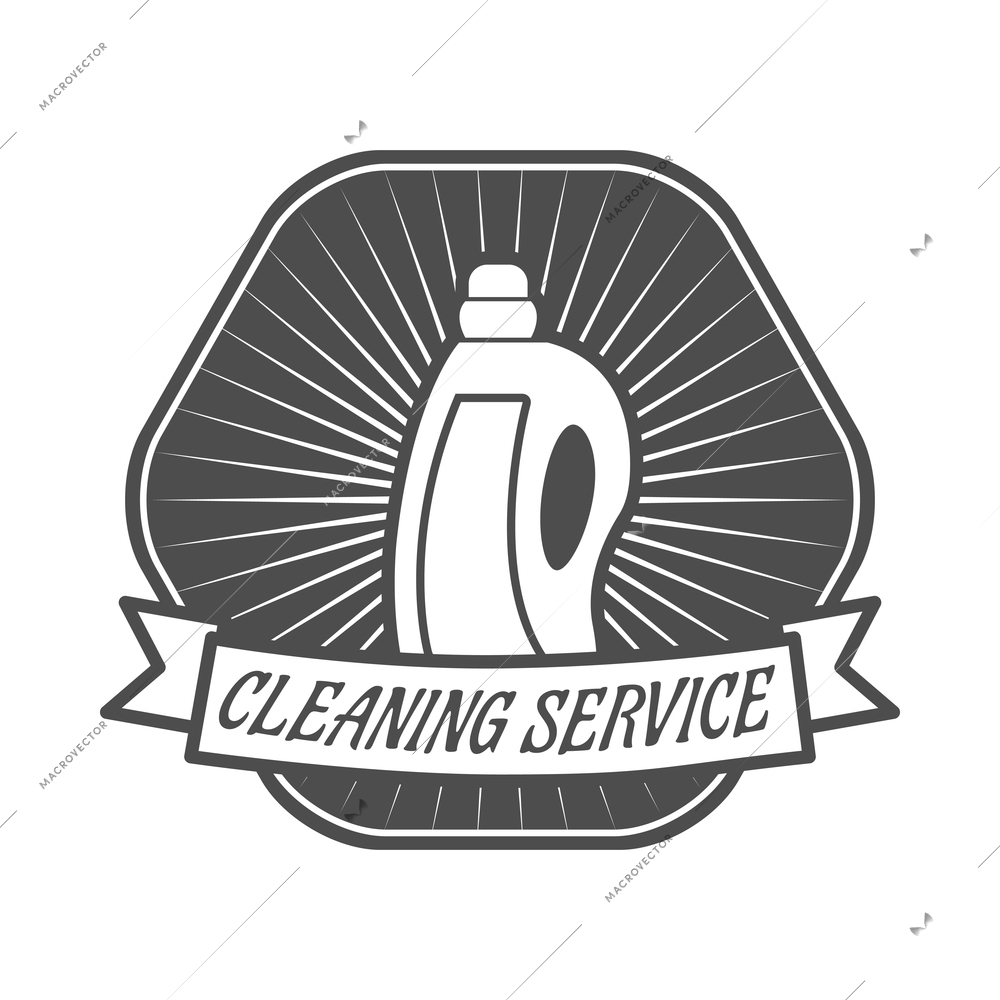 Cleaning label composition with isolated monochrome emblem with images and text vector illustration