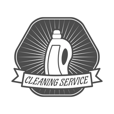 Cleaning label composition with isolated monochrome emblem with images and text vector illustration