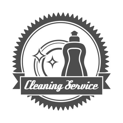 Cleaning label composition with isolated monochrome emblem with images and text vector illustration