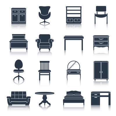 Furniture icons black set with bed sideboard chair office table isolated vector illustration