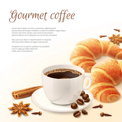 Breakfast with gourmet coffee with spices and croissant background vector illustration