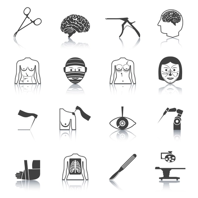 Plastic aesthetic surgery medical operation healthcare hospital icons black set isolated vector illustration