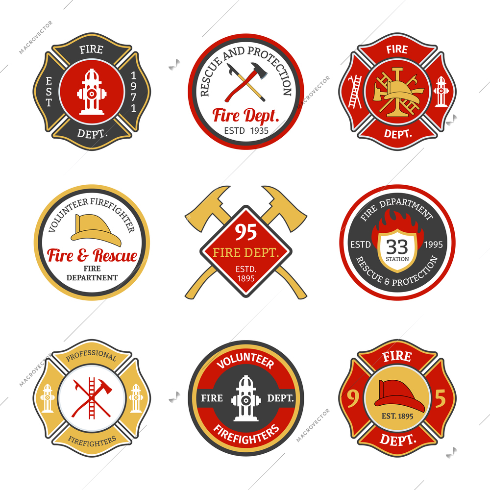 Fire department rescue and protection volunteers and professional firefighter emblems set isolated vector illustration