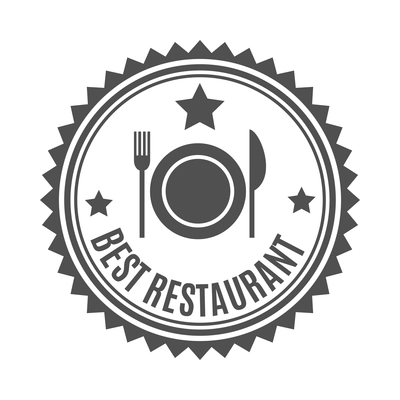 Restaurant label composition with isolated monochrome badge emblem with text and icons vector illustration