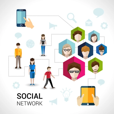 Social network concept with people avatars in hexagon shape and mobile devices elements vector illustration