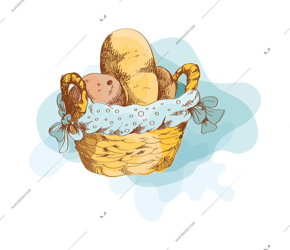 Bakery colored composition with hand drawn style bread and pastry food icon on blank background vector illustration
