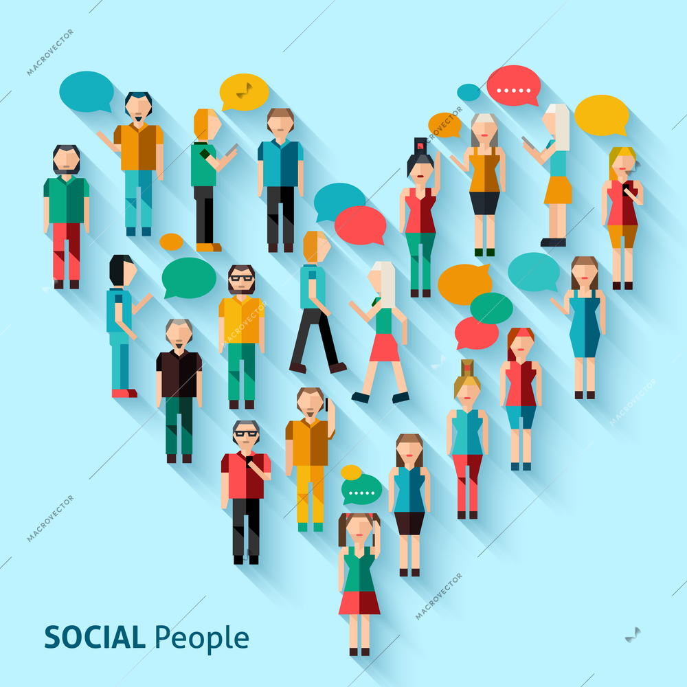 People male and female pixel avatar group with speech bubbles in heart shape vector illustration