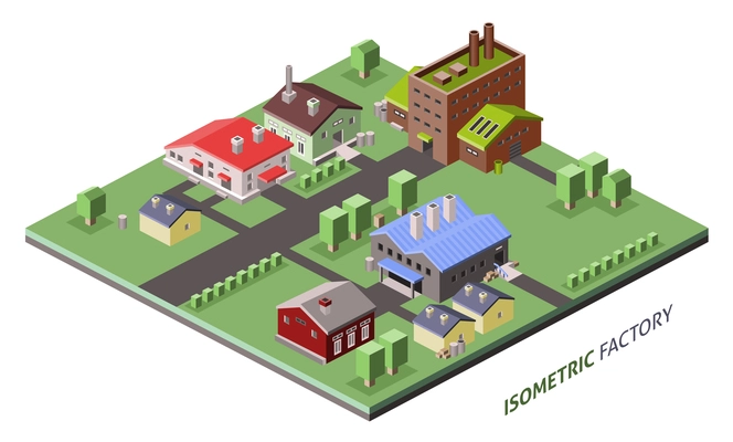 Isometric factory concept with industrial plants and warehouse buildings vector illustration