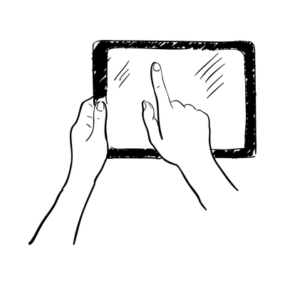 Hand touchscreen sketch composition with hand drawn style image of human hands holding gadget vector illustration