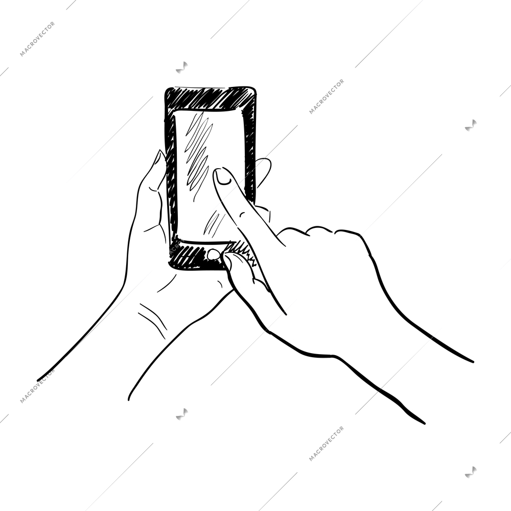 Hand touchscreen sketch composition with hand drawn style image of human hands holding gadget vector illustration