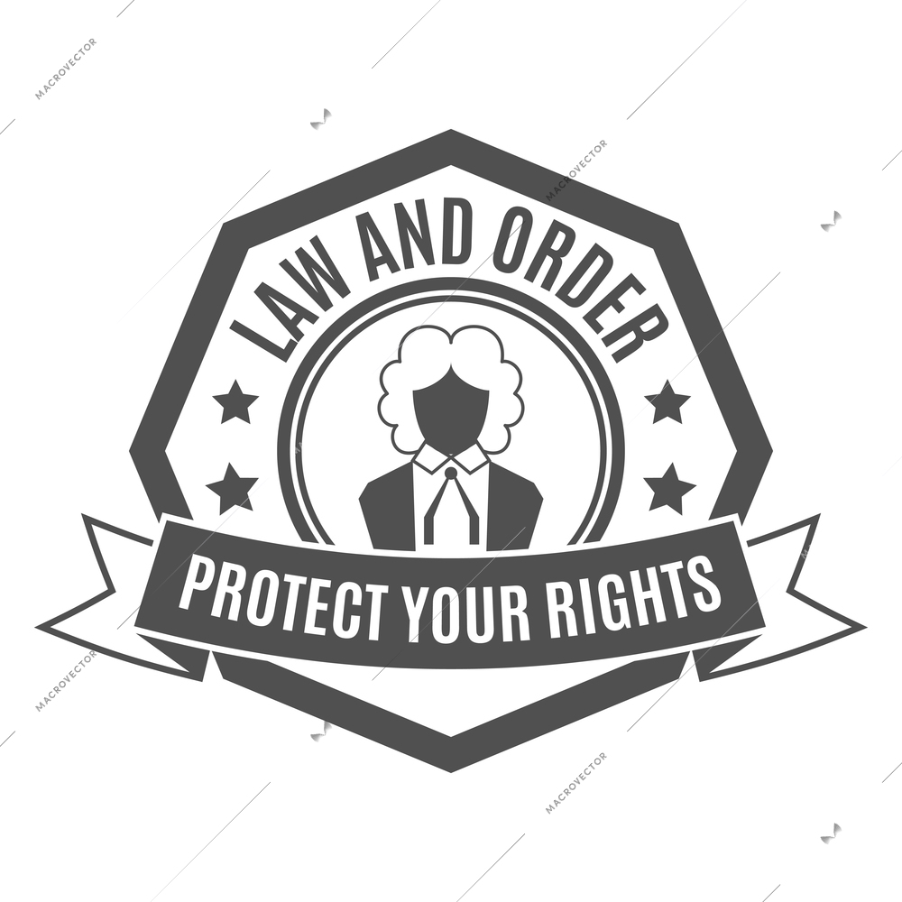 Label law composition with text and monochrome icons of court trial on blank background vector illustration