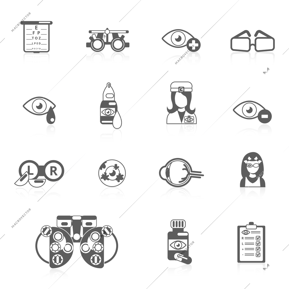 Oculist optometry vision correction eyes health black icons set isolated vector illustration