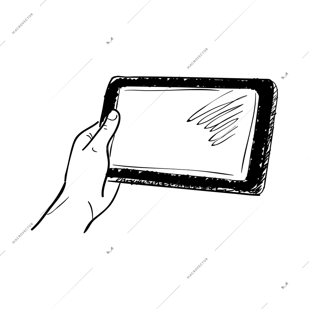 Hand touchscreen sketch composition with hand drawn style image of human hands holding gadget vector illustration