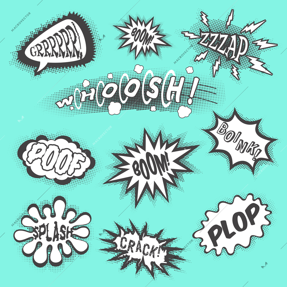 Comic sounds abstract cartoon text bubbles black set isolated vector illustration