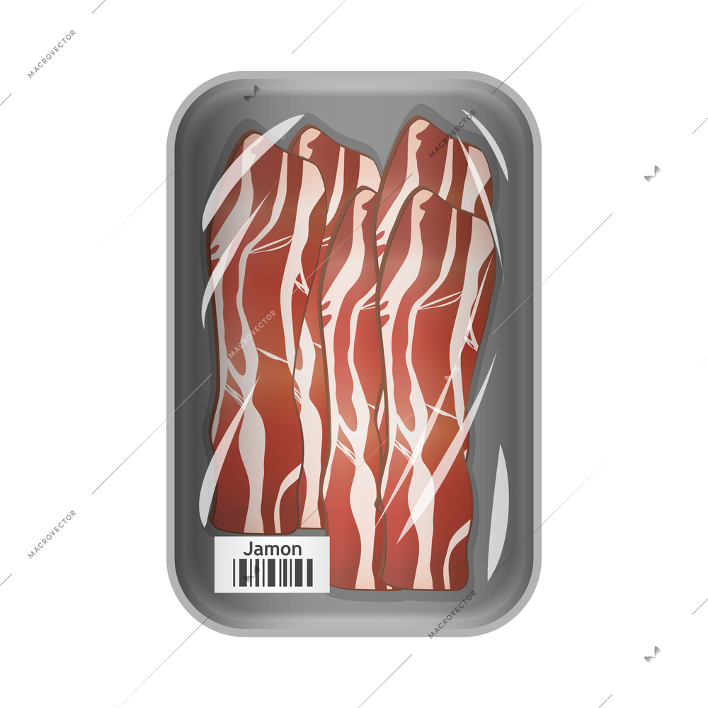 Supermarket fish and meat composition with frozen fresh package with barcode on blank background vector illustration