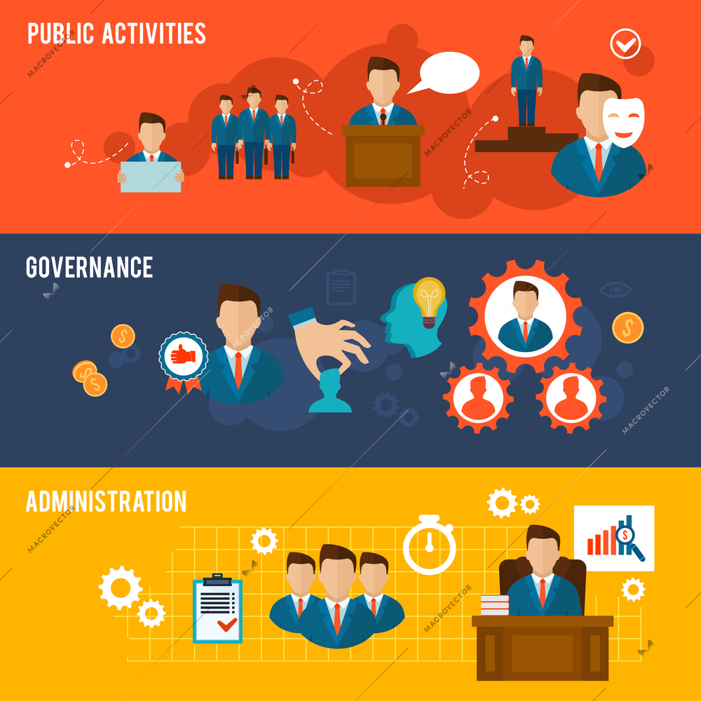 Executive banners icons set with public activities governance administration isolated vector illustration