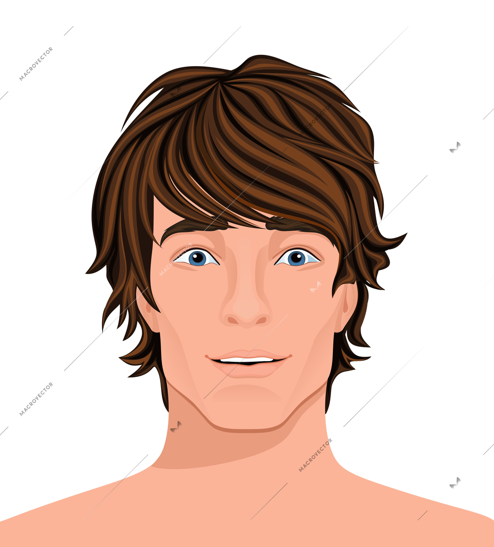 Man emotion composition with young dark haired man face isolated on blank background vector illustration