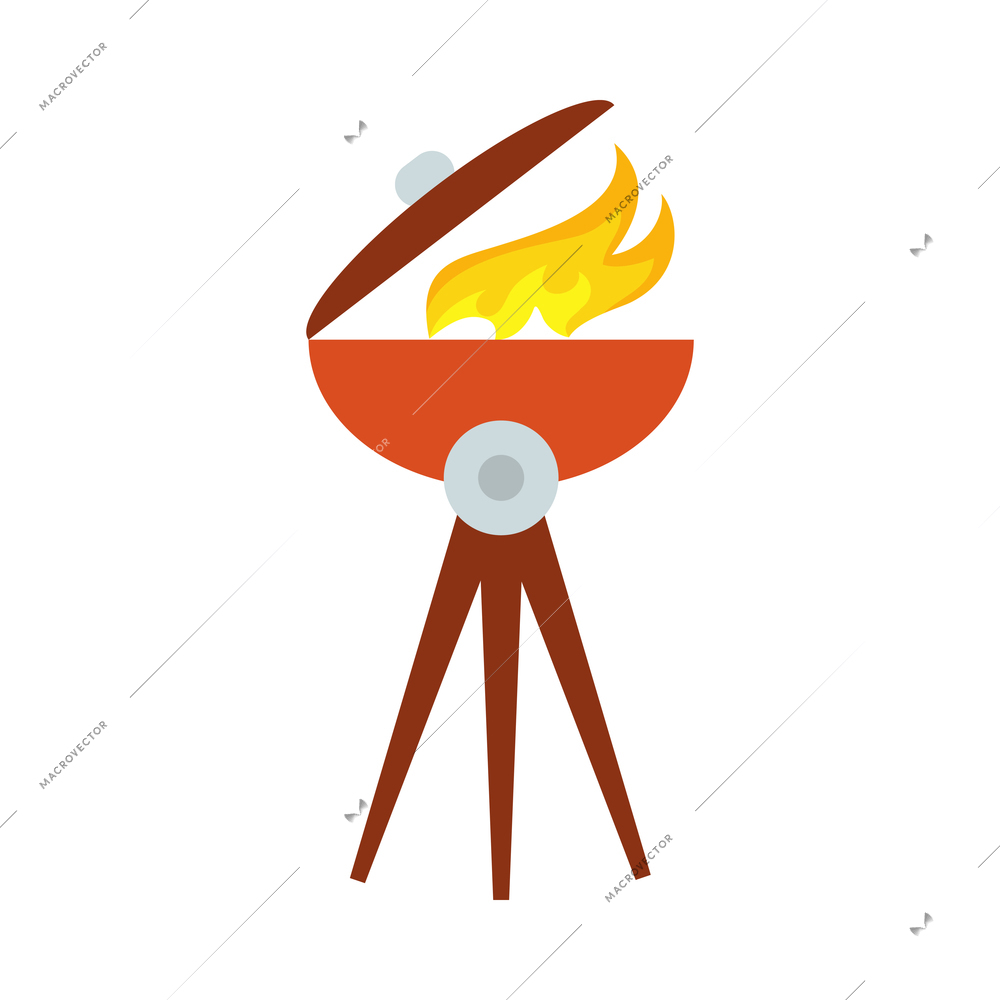 Fire protection composition with isolated barbecue icon and burning flame on blank background vector illustration