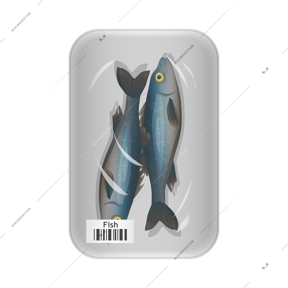 Supermarket fish and meat composition with frozen fresh package with barcode on blank background vector illustration