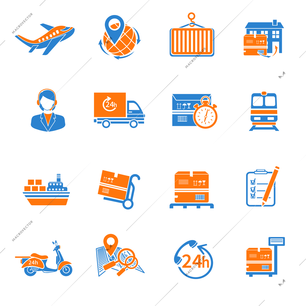 Logistic chain cargo global export shipping icons orange set isolated vector illustration