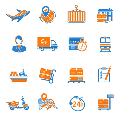 Logistic chain cargo global export shipping icons orange set isolated vector illustration