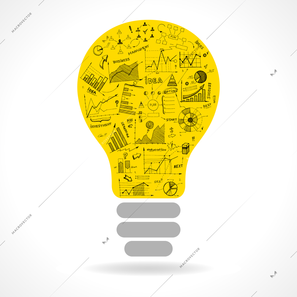 Doodle idea lightbulb icon with infographics charts isolated vector illustration