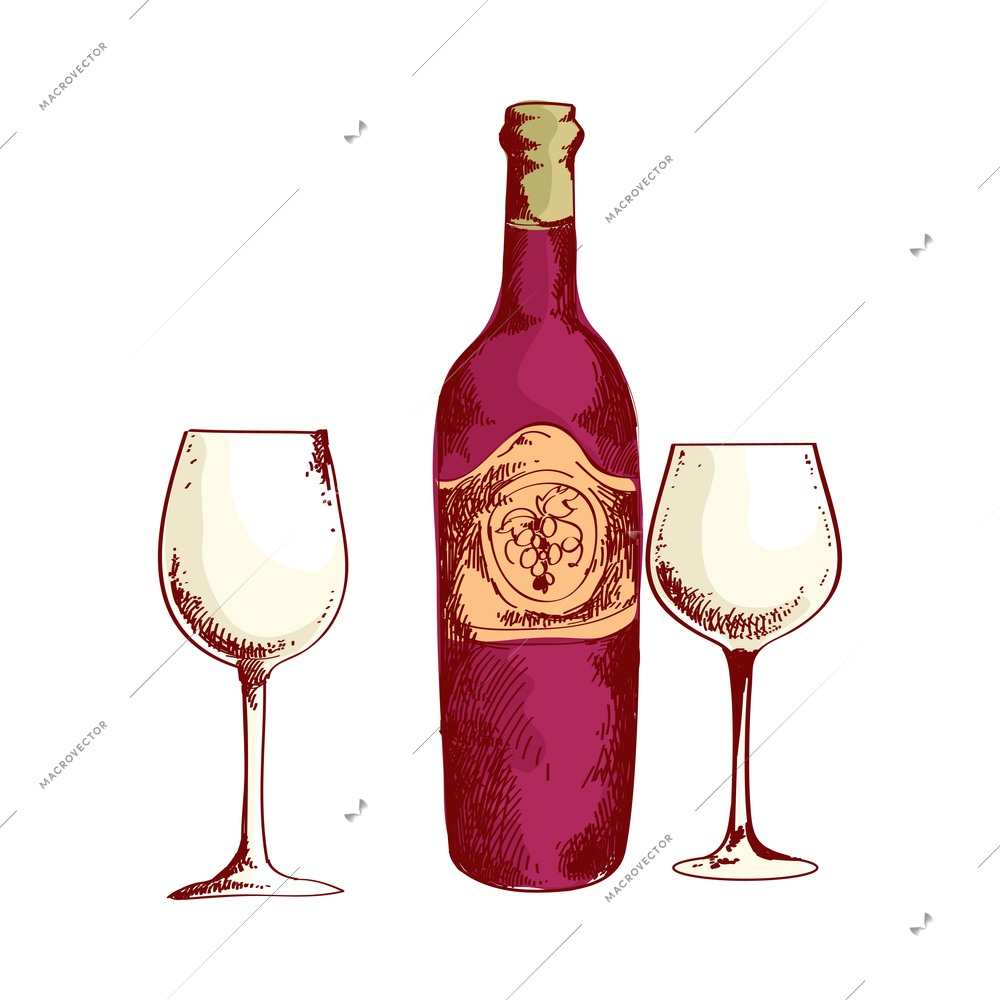 Wine composition with colored hand drawn style image on blank background vector illustration