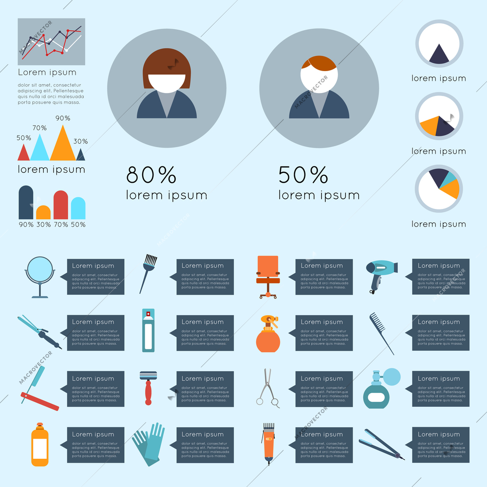 Hairdresser infographic set with charts beauty haircut accessories and equipment vector illustration