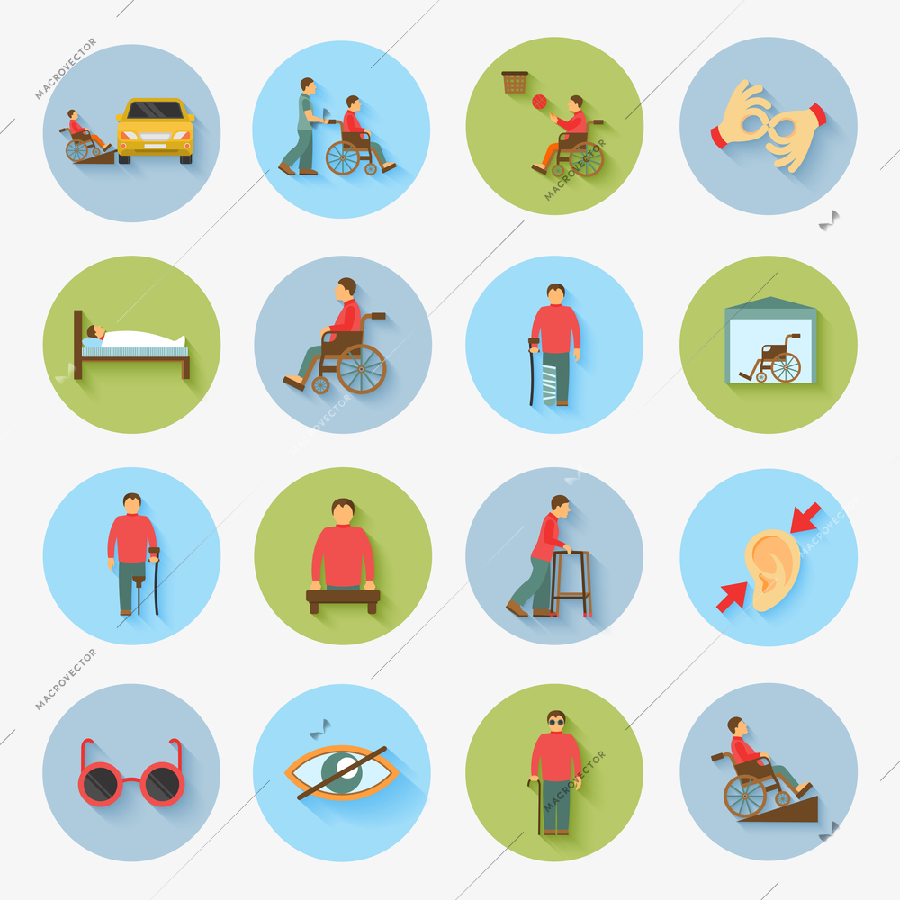 Disabled blind and deaf people care help assistance and accessibility flat icons set isolated vector illustration