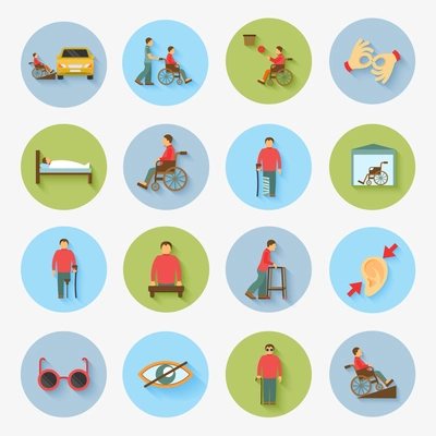 Disabled blind and deaf people care help assistance and accessibility flat icons set isolated vector illustration