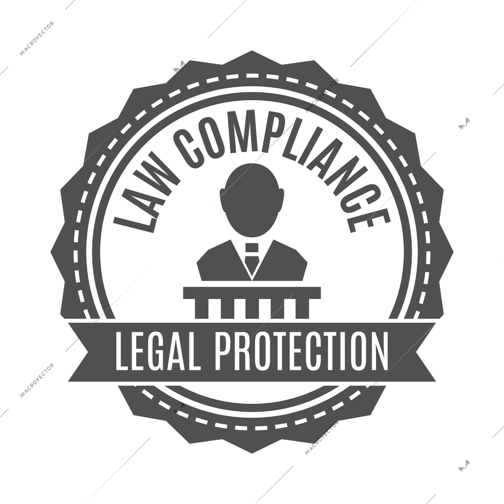 Label law composition with text and monochrome icons of court trial on blank background vector illustration