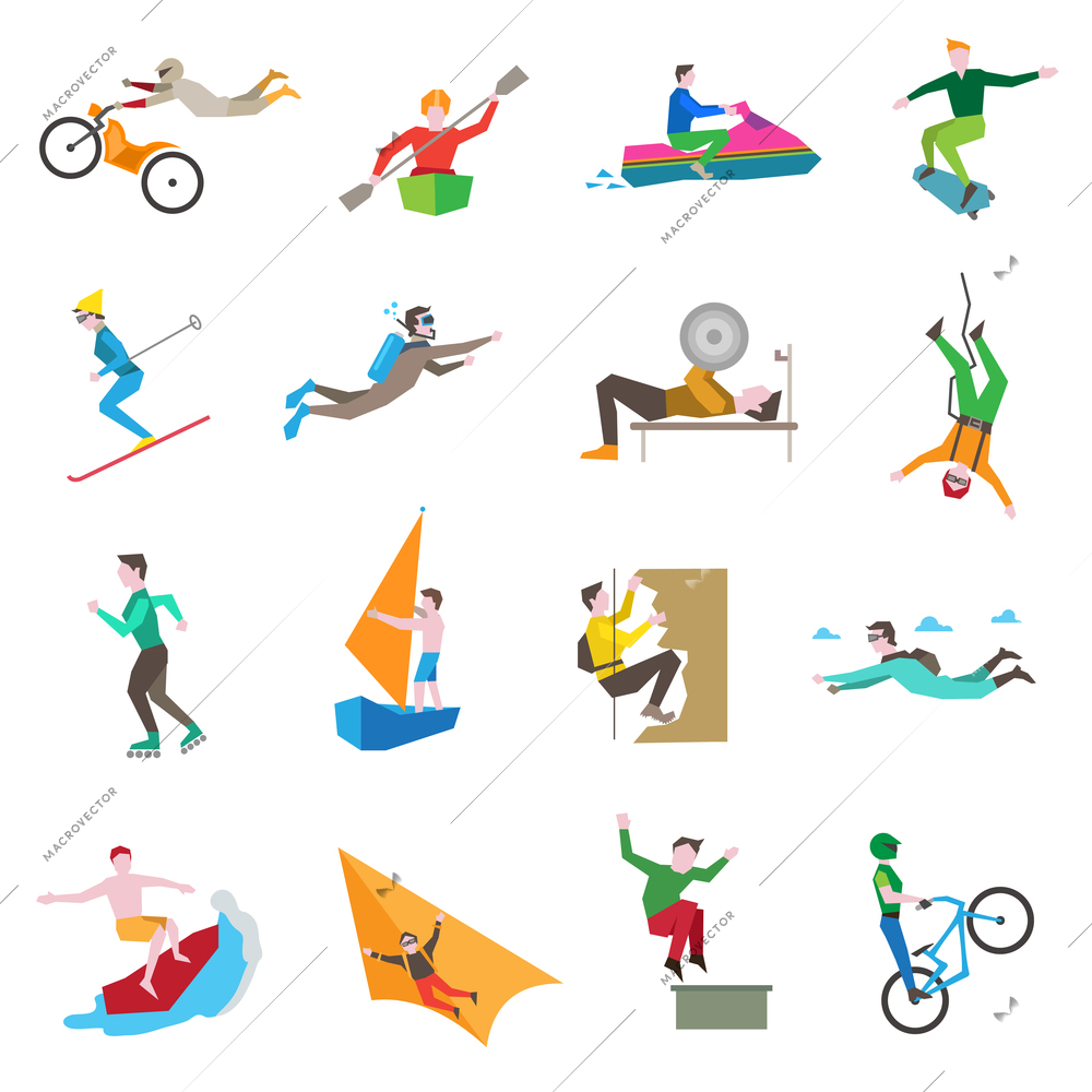 Extreme sports icons set with people kiting cycling sailing skiing isolated vector illustration