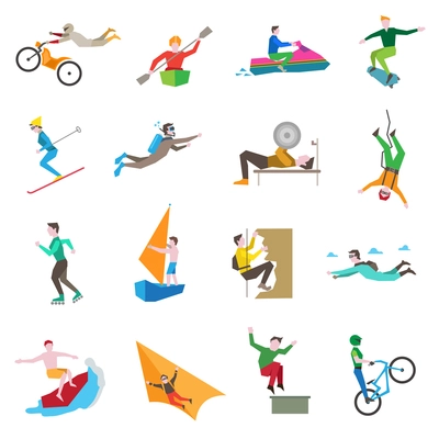 Extreme sports icons set with people kiting cycling sailing skiing isolated vector illustration